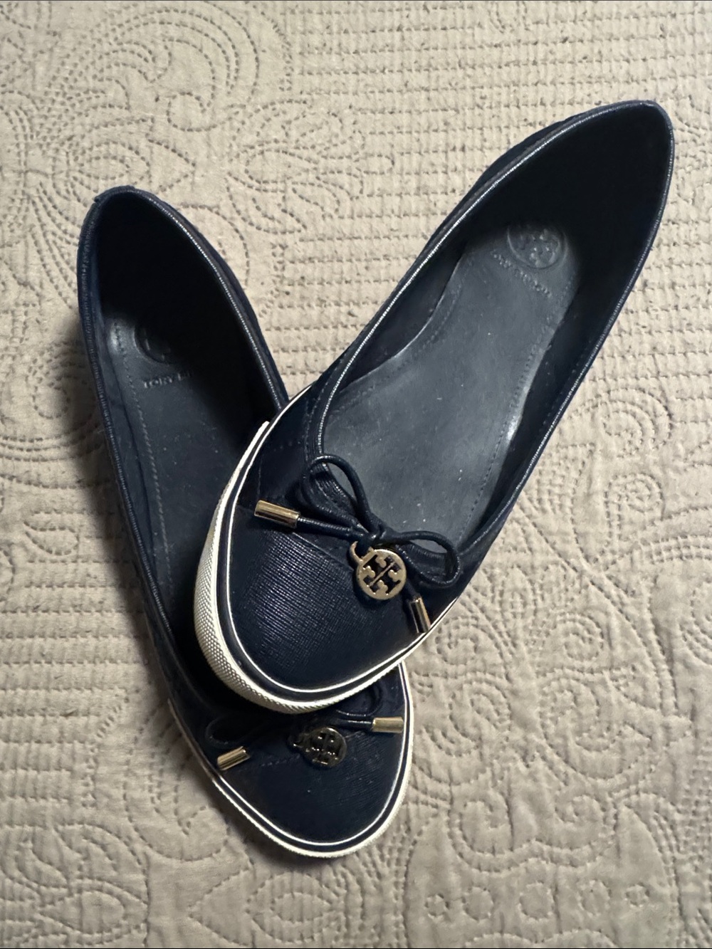 Tory Burch Navy Bow Logo Ballet Flats with White Trim